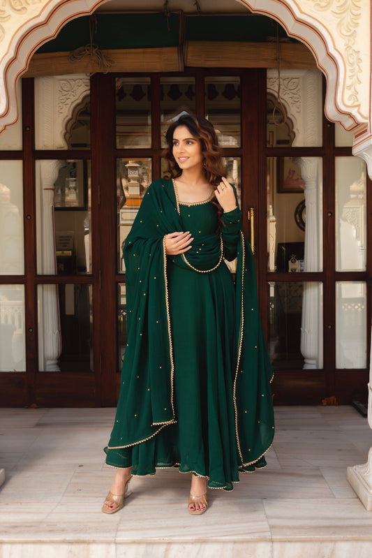 Most Trending Fully Flair Green Color Handwork Anarkali Suit