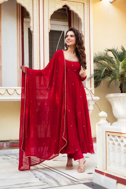 Karwa Chauth Special Red Color Handwork Anarkali Suit
