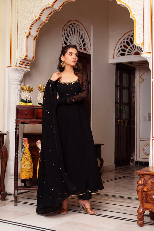 Most Trending Black Color Mirror Work Fully Stitiched Anarkali Suit