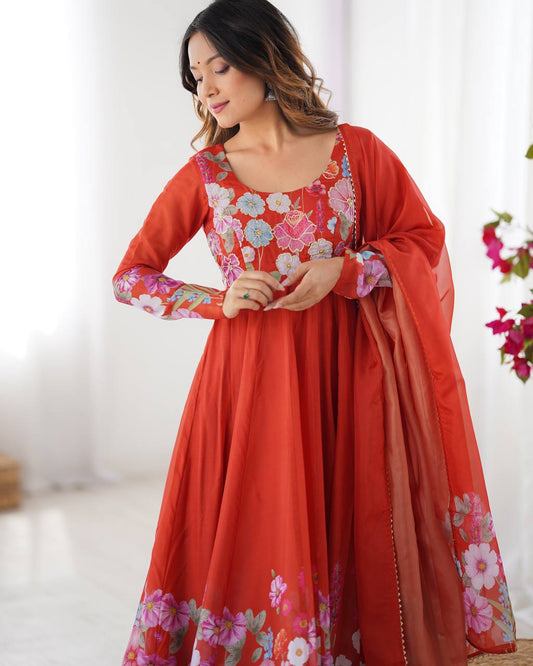 Buy Beautiful Fully Stitiched Organja Silk Jari Work Anarkali Suit