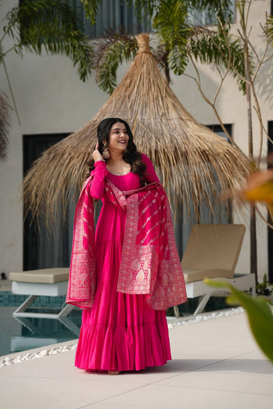 Pink Layered Plain Anarkali Gown With Pant & Dupatta Set