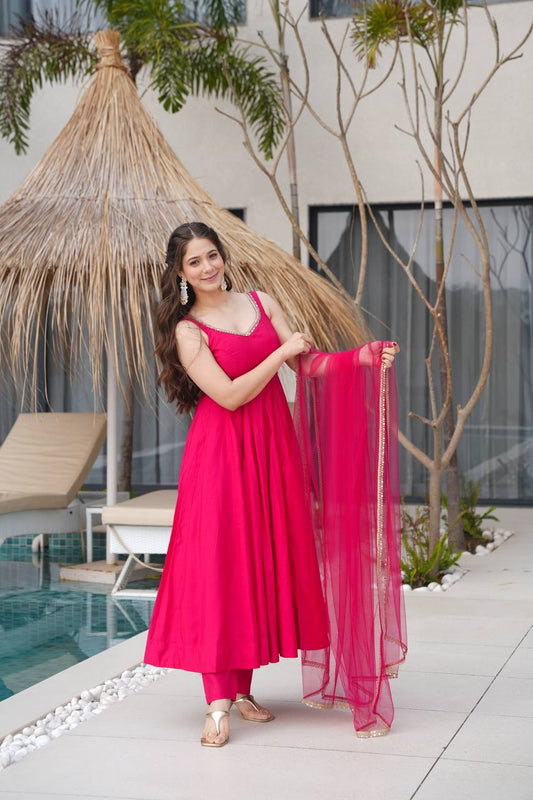 Most Trending Party Wear Fully Stitched Rani Pink Anarkali Suit