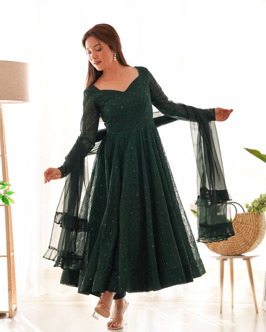 Most Beuatiful Green Color Lukhnowi Work Fully Stitiched Anarkali Suit